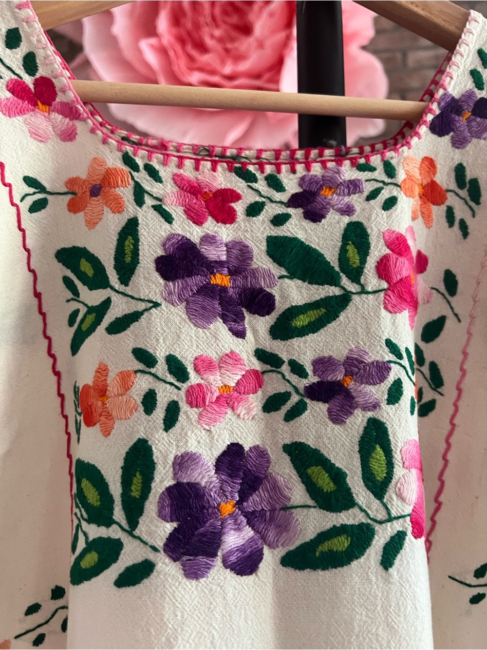 Embroidered Floral Mexican Huipil Dress Hand Made w Purple & Pink Flowers M/L